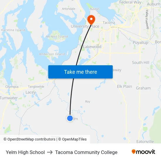 Yelm High School to Tacoma Community College map