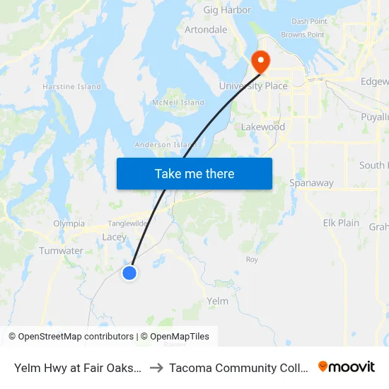 Yelm Hwy at Fair Oaks Rd to Tacoma Community College map
