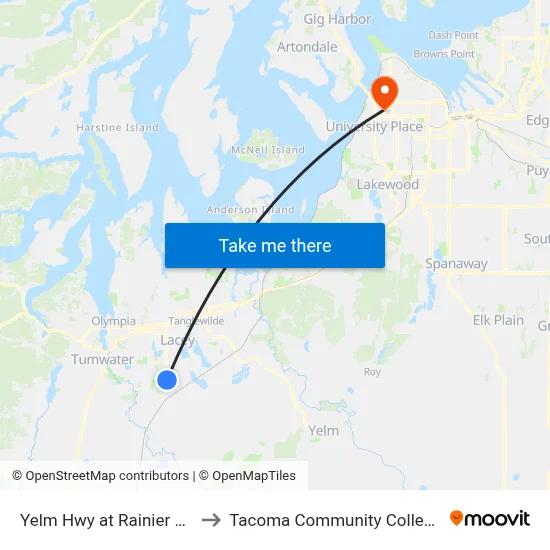 Yelm Hwy at Rainier Rd to Tacoma Community College map