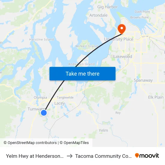 Yelm Hwy at Henderson Blvd to Tacoma Community College map