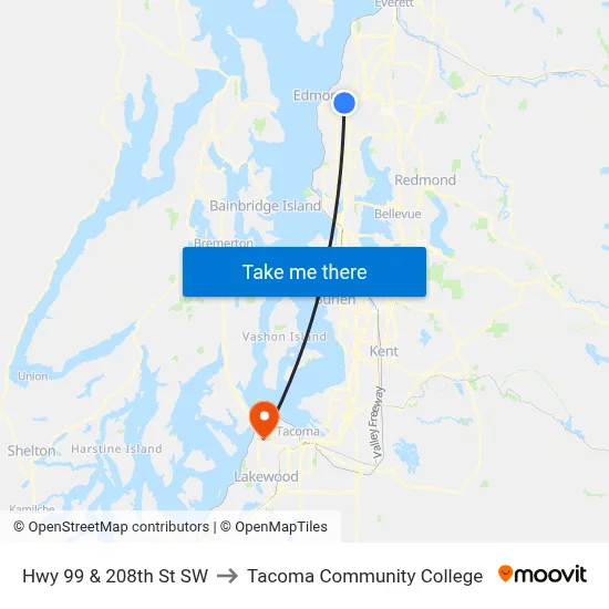Hwy 99 & 208th St SW to Tacoma Community College map