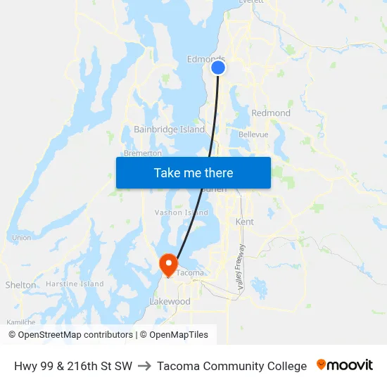 Hwy 99 & 216th St SW to Tacoma Community College map