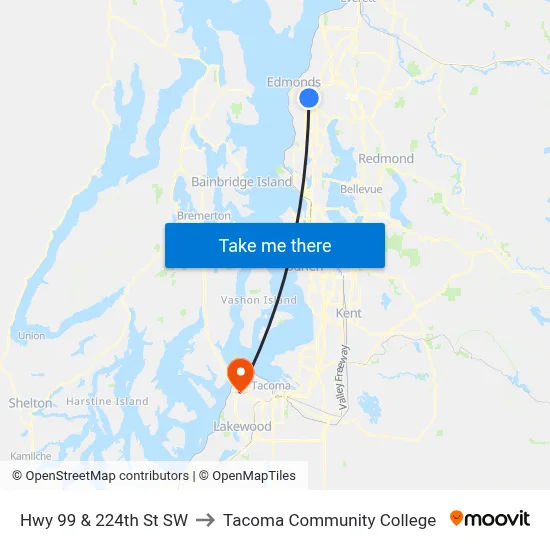 Hwy 99 & 224th St SW to Tacoma Community College map
