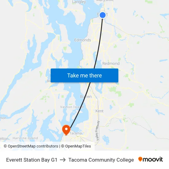 Everett Station Bay G1 to Tacoma Community College map
