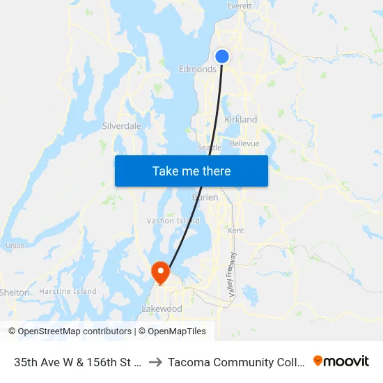 35th Ave W & 156th St SW to Tacoma Community College map