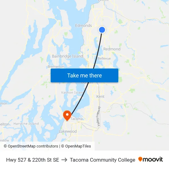 Hwy 527 & 220th St SE to Tacoma Community College map