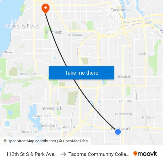 112th St S & Park Ave S to Tacoma Community College map
