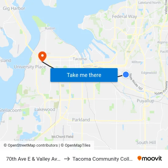 70th Ave E & Valley Ave E to Tacoma Community College map