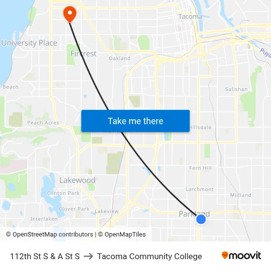 112th St S & A St  S to Tacoma Community College map