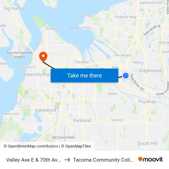 Valley Ave E & 70th Ave E to Tacoma Community College map