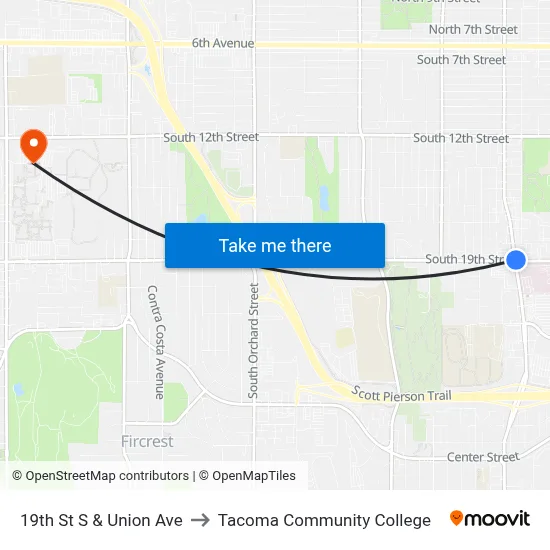 19th St S & Union Ave to Tacoma Community College map