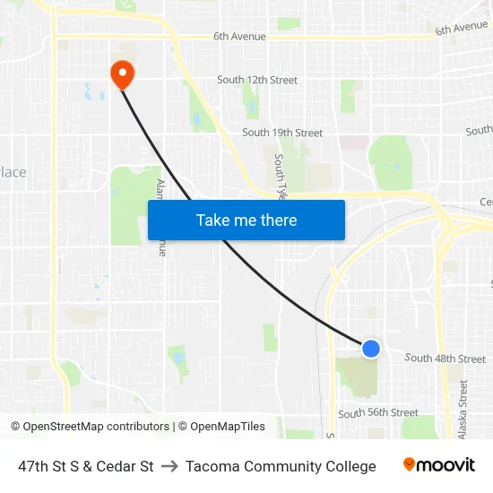 47th St S & Cedar St to Tacoma Community College map