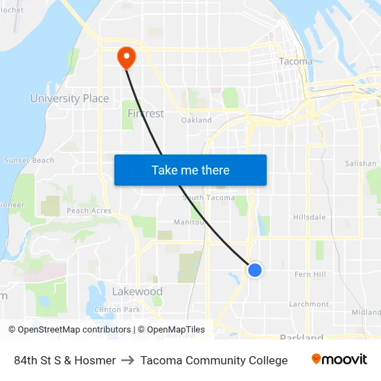 84th St S & Hosmer to Tacoma Community College map