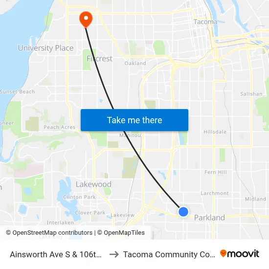 Ainsworth Ave S & 106th St S to Tacoma Community College map