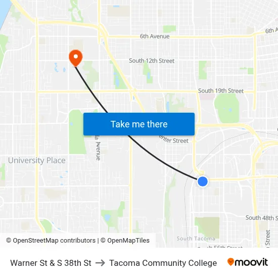 Warner St & S 38th St to Tacoma Community College map