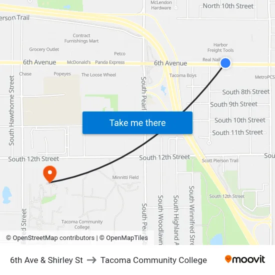 6th Ave & Shirley St to Tacoma Community College map