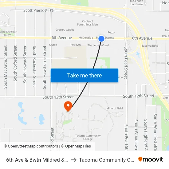6th Ave & Bwtn Mildred & Pearl to Tacoma Community College map
