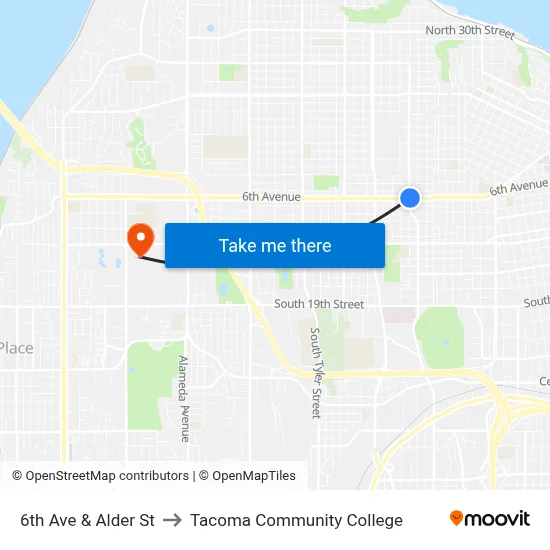6th Ave & Alder St to Tacoma Community College map