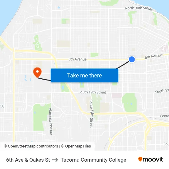 6th Ave & Oakes St to Tacoma Community College map