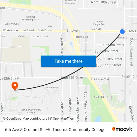 6th Ave & Orchard St to Tacoma Community College map