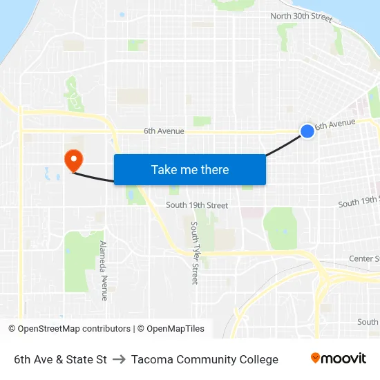6th Ave & State St to Tacoma Community College map