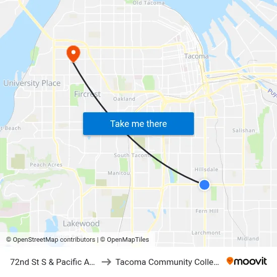 72nd St S & Pacific Ave to Tacoma Community College map