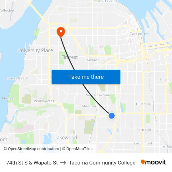 74th St S & Wapato St to Tacoma Community College map