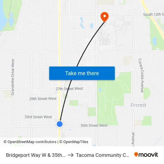Bridgeport Way W & 35th St W to Tacoma Community College map