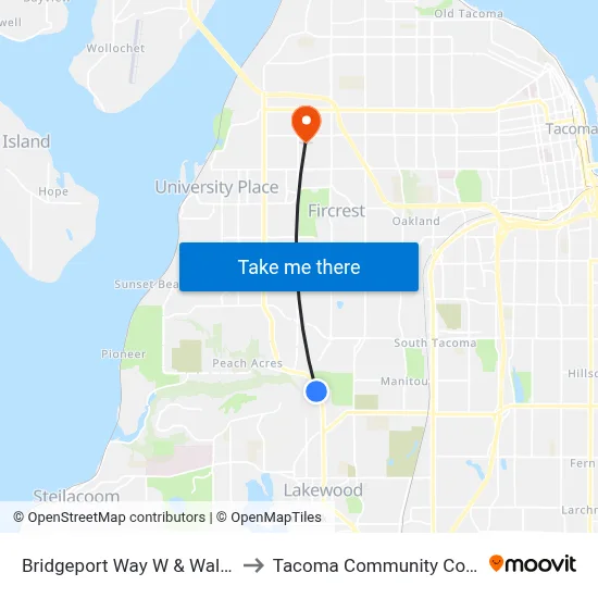 Bridgeport Way W & Walmart to Tacoma Community College map
