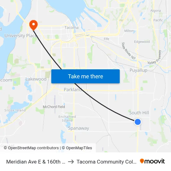 Meridian Ave E & 160th St E to Tacoma Community College map