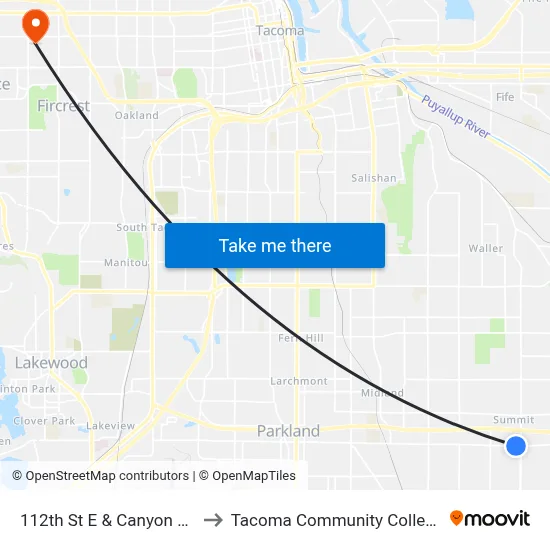 112th St E & Canyon Rd to Tacoma Community College map