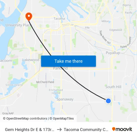 Gem Heights Dr E & 173rd St E to Tacoma Community College map
