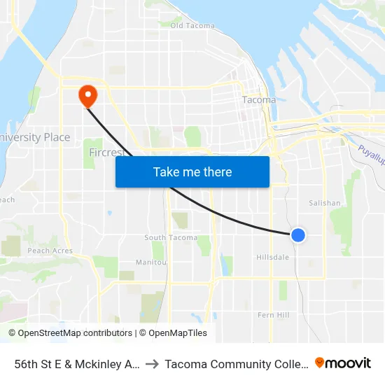 56th St E & Mckinley Ave to Tacoma Community College map