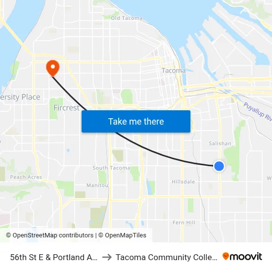 56th St E & Portland Ave to Tacoma Community College map