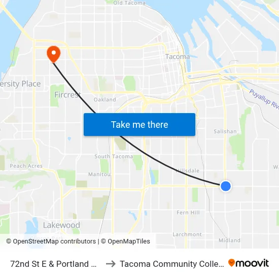 72nd St E & Portland Ave to Tacoma Community College map