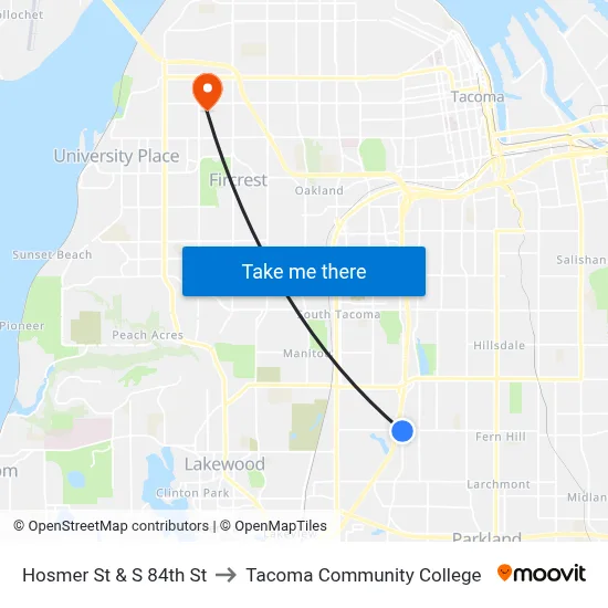 Hosmer St & S 84th St to Tacoma Community College map