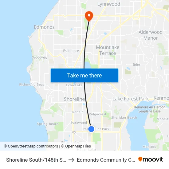 Shoreline South/148th Station to Edmonds Community College map