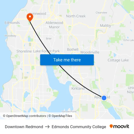 Downtown Redmond to Edmonds Community College map