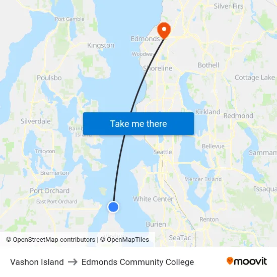 Vashon Island to Edmonds Community College map