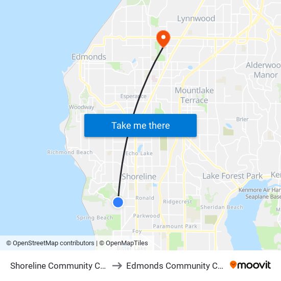 Shoreline Community College to Edmonds Community College map