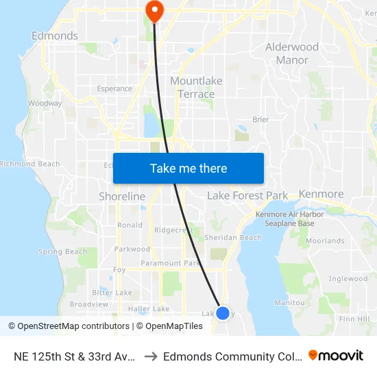 NE 125th St & 33rd Ave NE to Edmonds Community College map