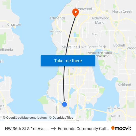 NW 36th St & 1st Ave NW to Edmonds Community College map