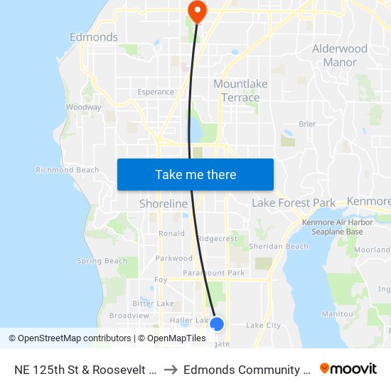 NE 125th St & Roosevelt Way NE to Edmonds Community College map