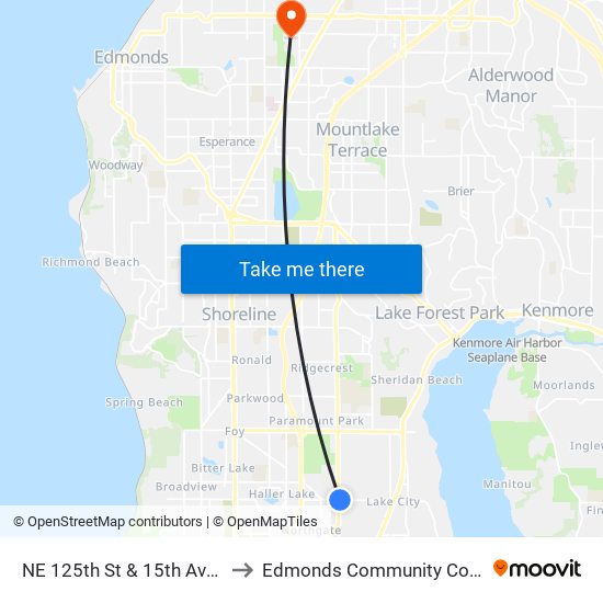 NE 125th St & 15th Ave NE to Edmonds Community College map