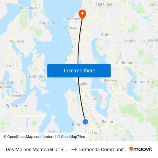 Des Moines Memorial Dr S & S 128th St to Edmonds Community College map