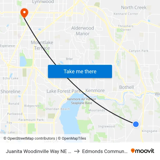 Juanita Woodinville Way NE & NE 145th St to Edmonds Community College map