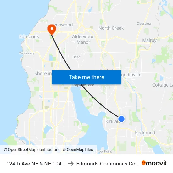 124th Ave NE & NE 104th St to Edmonds Community College map