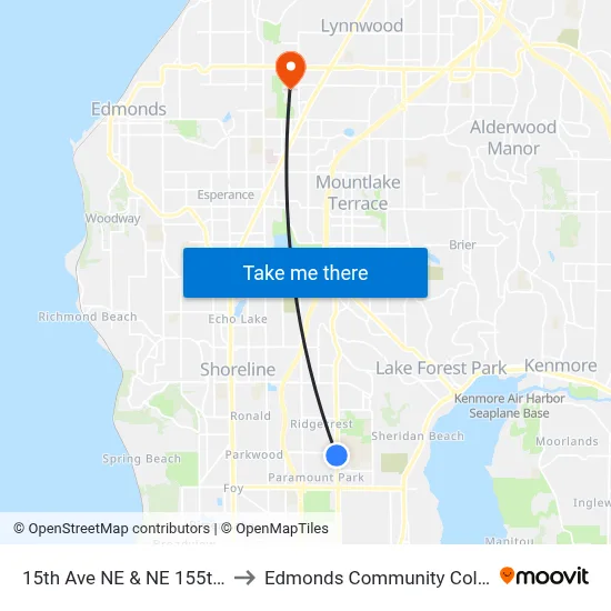 15th Ave NE & NE 155th St to Edmonds Community College map