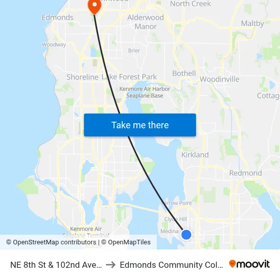 NE 8th St & 102nd Ave NE to Edmonds Community College map