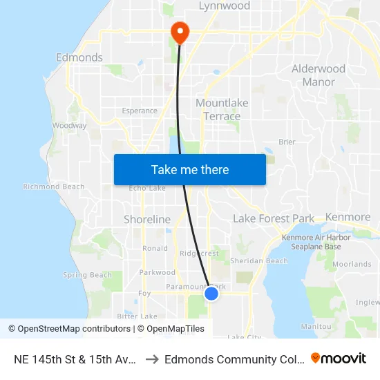 NE 145th St & 15th Ave NE to Edmonds Community College map